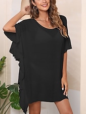 abordables Robes de plage-Maillots de Bain Femme Couverture Robe de Bain Maillot Volants Vacances Plage Tenue Couleur Unie Col Rond Manches Courtes Maillots de Bain