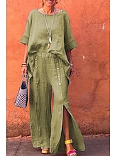 abordables Pantalon uni en coton et lin-Femmes Short en coton et lin Pantalon inspiré du lin Pantalon en coton et lin Mode Longueur complète Naturel Uni Taille Élastique Fendu Boucle Confortable Extérieur Extérieur Sortir Noir Blanche Vert