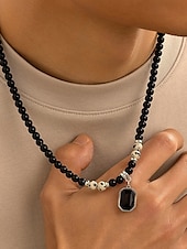 cheap Men&#039;s Jewelry-Men&#039;s Black Onyx Beaded Necklace with Tiger Eye Accents and Silver Pendant – Stylish Gift for Casual and Formal Occasions