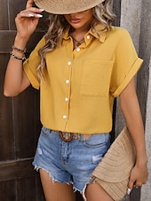 economico Top Semplici da Donna-Camicia da donna a bottone giù blusa a tinta unita elegante casual da spiaggia con maniche corte colletto top regolari quotidiani bottoni tasca nera bianca gialla blu estate primavera