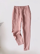 baratos Calça de linho de algodão simples-Mulheres Calças de linho de algodão Calças Calças Harem Casual Comprimento total Natural Tecido Bolsos Design de cordão elástico Exterior Confortável Rua Roupa Diária Adamascado Preto Branco Rosa