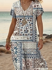 cheap Boho Dress-Women&#039;s Midi Dress Sundress A Line Dress Summer Dress Vacation Casual Daily Regular Fit Floral Graphic Short Sleeve V Neck Blue Summer Spring Fall