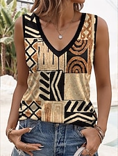 preiswerte Streifen- und geometrisches Tanktop-Damen Tanktop mit Spaghetti-Trägern Grafik Geometrisch Lässig Ärmellos V-Ausschnitt Reguläre Tops Print Braun Sommer Frühling