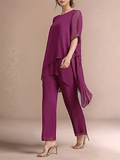 abordables Moins de 129,99 $-Ensemble de pantalon 2 pièces robe de mère de la mariée classique à col rond élégante en chiffon asymétrique à manches courtes avec une couleur unie