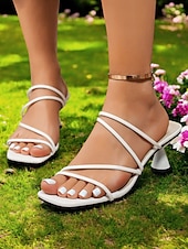 preiswerte Kleidungs-Sandalen-Weiße Riemchensandalen mit eckiger Zehenpartie und konischem Absatz für Damen – minimalistische Sommerpantoletten für lässige Verabredungen und Tagesausflüge