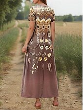 halpa Boho-mekot-Naisten Maksimekko Tpaitamekko A linjainen mekko Loma ulko- Bile Normaali istuvuus Kukka Kuvitettu Paisley-kuvio Lyhythihainen V kaula-aukko Sininen Ruskea Apila Kesä