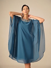 preiswerte abendkleider-Damen Knielanges Kleid Chiffonkleid Elegant Party Einfarbig Halbarm Rundhalsausschnitt Blau Sommer Frühling Herbst