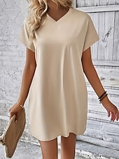 preiswerte Weißes Kleid-Damen Mini Kleid T-Shirt Kleid Tee Kleid einfarbig Sommer Kleid lässig täglich reguläre Passform Grafik Kurzarm V-Ausschnitt Schwarz Rot Olivgrün Aprikose Sommer
