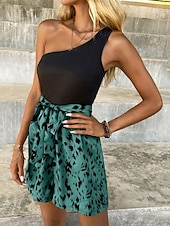 abordables combinaisons formelles-Femmes Normal Combishort Streetwear Imprimé Sans manches Une Épaule Patchwork Cordon de serrage Rue Quotidien Coupe régulière Bleu Vert Abricot Été