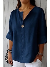 cheap Shirts-Women&#039;s Shirt Cotton Linen Shirt Blouse Plain Modern Casual 3/4 Length Sleeve V Neck Regular Tops Daily Going out Buttons Black White Red Navy Blue Green Summer