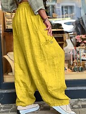 baratos Calça de linho de algodão simples-Calças Baggy Femininas de Pernas Largas de Cor Sólida Moda Bloomers Básico Comprimento Total Cintura Média Lisa com Bolso Cintura Elástica Conforto ao Ar Livre Microelástico Férias Rua Diário Dourado