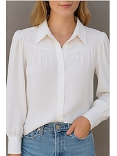 cheap Lace Tops-Women&#039;s Shirt Plain Basic Modern Long Sleeve Shirt Collar Regular Tops Daily Holiday Buttons White Summer