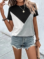 abordables T-shirt rayé et géométrique-Femmes Chemisier Géométrique Occasionnel Chaussures de plage Manche Courte Col ras du cou Hauts Réguliers Quotidien Imprimé Rose Claire Fuchsia Vert Gris Été Printemps