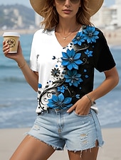 abordables T-shirt floral-Femmes T-shirt Fleuri Graphique ancien Élégant Moderne Manche Courte Col en V Hauts Réguliers Quotidien Imprimé Jaune Rouge Bleu Violet Vert Été