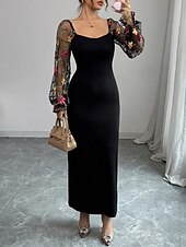 ieftine Rochii florale elegante-Pentru femei Rochie Lunga Rochie Maxi Rochie de bal Rochie casual Rochie de vară Elegant Modă În aer liber Petrecere Concediu Fit regulat Floare Manșon Lung În V Negru Vară Primăvară