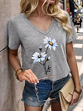 abordables T-shirt floral-Femmes T-shirt Fleuri Graphique Plantes ancien Élégant Classique Manche Courte Col en V Hauts Réguliers Quotidien Week-end Imprimé Noir Gris Été Printemps