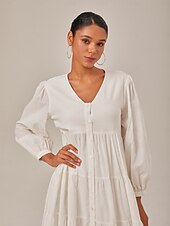preiswerte Freizeitkleidung-Damen Lockeres Kleid Resort-Kleidung Weiß Langarm Solide / einfarbig Lang Frühling &amp; Herbst V Ausschnitt Strand Design Urlaub XS S M