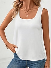 cheap White tee-Women&#039;s Tank Top Tee Top Plain Fashion Modern Sleeveless Square Neck Regular Tops Daily Beach Wear Black White Gray Summer