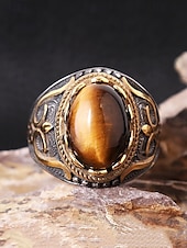 abordables Bijoux pour hommes-Bague vintage en acier inoxydable pour homme avec pierre œil de tigre, design tribal en argent antique, bague audacieuse, adaptée aux occasions décontractées et formelles
