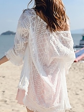 abordables Caftans-Maillots de bain pour femmes Robe de bain Cover Up Maillot de bain en dentelle Mode de vacances Plage Unisexe Manches longues Maillots de bain