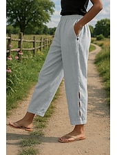 economico Pantaloni in lino e cotone semplici-Per donna Pantaloni in cotone e lino Essenziale Lunghezza intera Vita Alta Semplice Tasca Elastico in vita Foro Comodo All&#039;aperto Confortevole Streetwear Abbigliamento quotidiano Uscire Bianco Blu