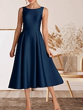 abordables Robes de cocktail-Robe cocktail A-Line élégante robe de retour à la maison cocktail party longueur thé sans manches col rond satin avec plis