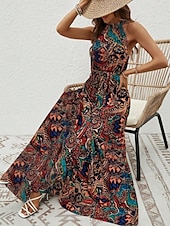 billiga Boho klänningar-Dam Maxiklänning A linjeklänning Off Shoulder Klänning Semester Ledigt Boho Utomhus Utekväll Normal Grafisk Paisley Ärmlös Halterneck Blå Purpur Brun Aprikos Sommar