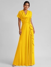 abordables JAUNE-Robe de cocktail jaune élégante en crêpe extensible à volants froncés, longueur au sol, manches 3/4, col en V, pour invité de mariage, 2025