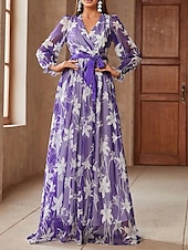 voordelige Onder 129,99 $-A-lijn Moeder van de Bruid Jurk Bloemenprint Casual V-hals Vloer Lengte Chiffon Lange Mouw met Sjerp  Lint Bruiloft Gast Jurk 2025