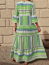 billige Boho-kjoler-Dame Maxikjole Solkjole Kjole med A-linje Fit And Flare Dress Ferie Fritid Bohem utendørs Fest Ut på byen Normal Grafisk Geometrisk Stamme Ermeløs V-hals Rød Blå Grønn Sommer Vår