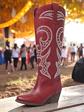 ieftine Cizme Cowboy &amp; Western-cizme de cowboy occidentale de damă cu design brodat – cizme elegante maro cu toc bloc pentru festivaluri de muzică, îmbrăcăminte casual și evenimente în aer liber