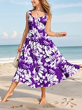 abordables Robes fleuries-Femmes Robe Midi Robe d&#039;Été Robe trapèze Robe à épaules dénudées Vacances Occasionnel Coupe Ample Fleuri Graphique Abstrait Sans manches Col en U Jaune Rouge Bleu Violet Été Printemps