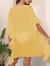 abordables Robes de plage-Maillots de Bain Femme Couverture Robe de Bain Maillot Volants Vacances Plage Tenue Couleur Unie Col Rond Manches Courtes Maillots de Bain