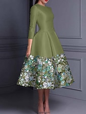 abordables Robes de cocktail-Robe cocktail élégante en A brodée floral robe formelle mariage longueur cheville manches longues col crew satin avec fente