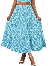 economico Gonne grafiche-Per donna Gonna Svasato Casual Maxi Vita media Gonne Floreale Stampato Micro-elastico Vacanza Uscire Rosso Viola Blu scuro Azzurro Estate Misto Cotone