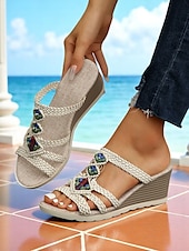 levne Sandály na dovolenou-dámské tkané sandály na klínku s vícebarevnými korálky – boho chic plážové a rekreační boty na dovolenou nebo každodenní pohodlí