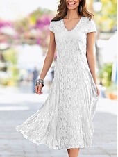 voordelige Thee Lengte-Strandbruiloft Sheath Moeder van de Bruid Jurk Bruiloft Gast Elegant Party Petite V-hals Thee Lengte Kant Korte Mouw met Plissee Effen Kleur gratis maatwerk