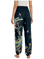 billiga Grafisk linnebyxa i bomull-Dam Linneinspirerade byxor Brett skaft Byxor Etnisk Stil Ledigt Boho Fullängd Hög midja Blommig Ficka Elastisk midja Tryck Mateial som andas Mjuk Microelastisk Utomhus Yoga Röd Blå Grön Sommar Normal