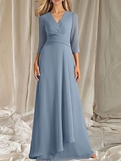 cheap Floor Length-A-Line Mother of the Bride Dress Wedding Guest Elegant V Neck Floor Length Chiffon 3/4 Length Sleeve with Tier Ruching 2025
