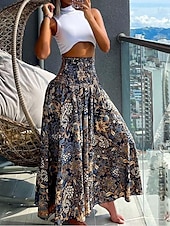 voordelige Grafische rokken-Dames Rok Maxi Rok Bohemia Mode Strandkleding Casual Midi Hoge Taille Rokken Bloemen Paisley Micro-elastisch Vakantie Straat Grijs Groen Zwart Geel Lichtgroen Zomer Polyester