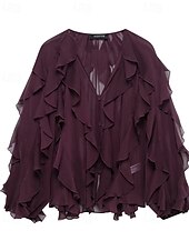 abordables Hauts sexy pour femmes-Femmes Chemise Chemisier Uni Élégant Moderne manche longue Col en V Hauts Réguliers Fête Sortir Superposé Vin Été