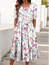abordables Robe Fleurie-Femmes Robe Midi Robe d&#039;été Robe Plissée Vacances Occasionnel Chaussures de plage Quotidien Fête Coupe régulière Fleuri Graphique Manche Courte Col ras du cou Blanche Rouge Bleu Vert Été