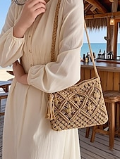 olcso Keresztpántos táskák-női kézzel szőtt boho crossbody táska – vintage makramé válltáska bojttal tengerparti nyaraláshoz és hétköznapi ruhákhoz szín fekete fehér rózsaszín