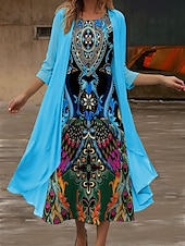 tanie Sukienka boho-Damskie Sukienka midi Letnie sukienki Codzienny Sukienki półformalne Codzienny Święto Randka Regularny Graficzny Plemienny Rękaw 3/4 Półgolf Rumiany róż Niebieski Pomarańczowy Zielony Lato Wiosna