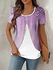 preiswerte Kunst &amp; Design T-Shirt-Damen T Shirt Ombre Grafik Marmor Elegant Stilvoll Kurzarm Rundhalsausschnitt Rundhals Normale Oberteile Täglich Ausgehen Patchwork Knöpfe Gestuft Rosa Blau Purpur Grün Sommer Frühling