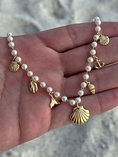cheap Women&#039;s Necklace-Women&#039;s Pearl Beaded Necklace with Gold Sea Charms – Nautical Beach Jewelry for Summer Vacation and Resort Wear