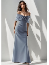 abordables BLEU-Robe de soirée sirène rose bleue élégante Robe formelle longueur de sol sans manches épaules dénudées crépon extensible avec nœud(s) ruché