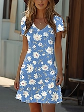 levne Květinové šaty-Dámské Boho šaty Západní šaty Vintage mini šaty T-shirt šaty Tee šaty Sundress Letní šaty Dovolená Neformální plážové Denní Vycházkové Regular Fit Květnové Grafické Krátký rukáv V krku Červené Modré