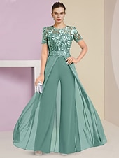 cheap Mom&#039;s Jumpsuits-Beach Wedding Jumpsuit / Pantsuit Mother of the Bride  Wedding Guest Elegant Jewel Neck Ankle Length Stretch Chiffon Short Sleeve with Lace Pleats free custom size