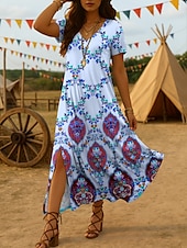 abordables Robes fleuries-Femmes Robe Midi Robe d&#039;Été Robe d&#039;été Vacances Occasionnel Boho Sortir Plage Coupe Ample Graphique Tribal Manche Courte Col en V Jaune Bleu Violet Été Printemps
